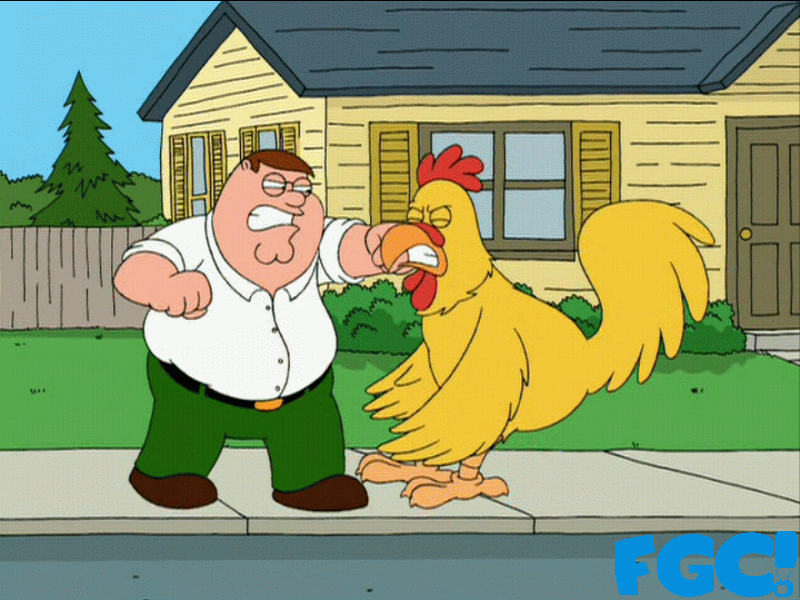 Peter Griffin fighting the Giant Chicken on Family Guy
